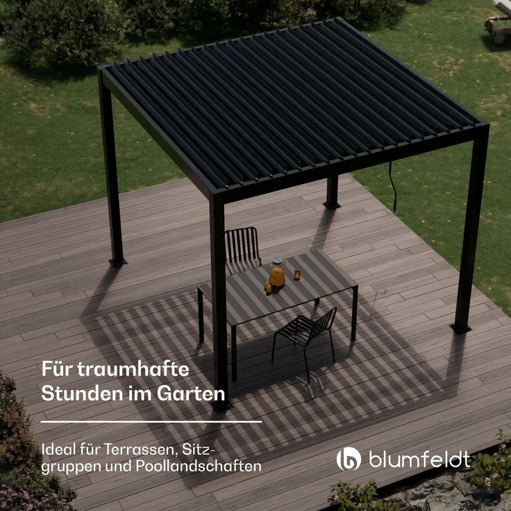 Blumfeldt Pavillon 3x3, Wasserdicht Stabil Winterfest, Lamellendach aus Verzinktem Stahl, Pulverbeschichteter Aluminiumrahmen, Wetterfest, Schwarz, Für Garten & Terrasse – Bild 3