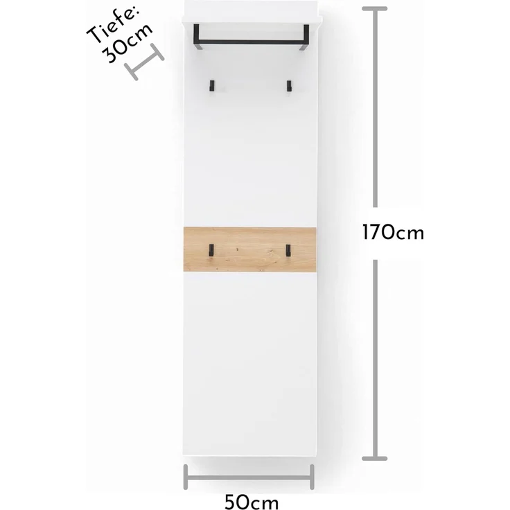 XORA 'MEMPHIS' Wandgarderobe lang, Holznachbildung weiß, 50 x 170 x 30 cm, mit Kleiderstange und 4 Haken – Bild 3
