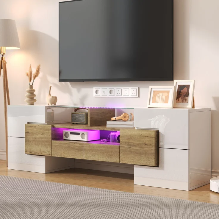 TV-Schrank 145 cm Hochglanzweiß und Holz mit LED-Beleuchtung, 6 Türen, 2 Schubladen, 3 offene Fächer – Bild 6