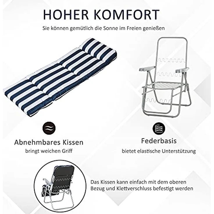 Outsunny 2 x Klappstühle Set, Gartenstuhl Sonnenliege mit 5 Positionen, klappbar, gepolsterte Auflage, blau, 60 x 75 x 102 cm – Bild 5