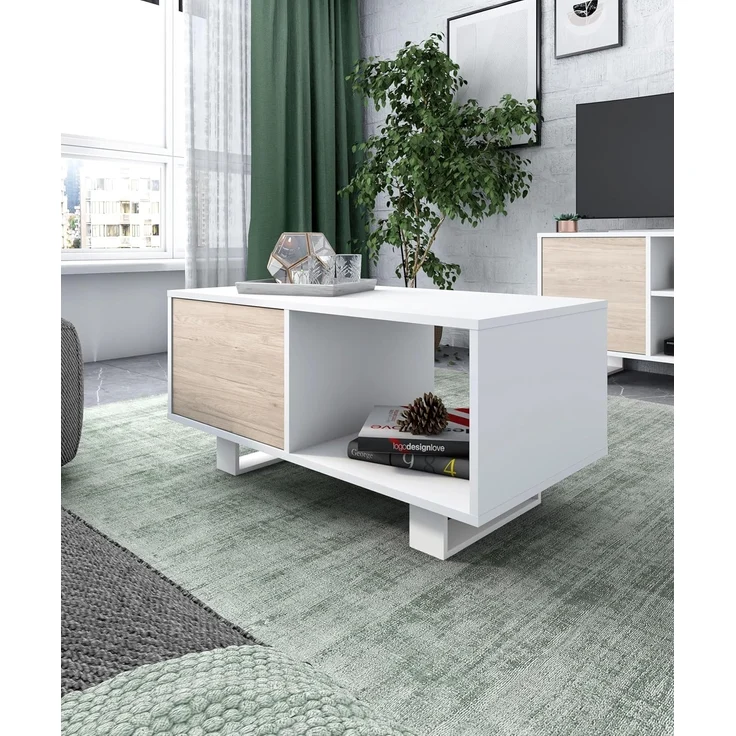 Skraut Home | Couchtisch mit Türen | 92 x 50 x 45 cm | Esszimmer | Modell Wind| Farbe Weiß/Eiche – Bild 2