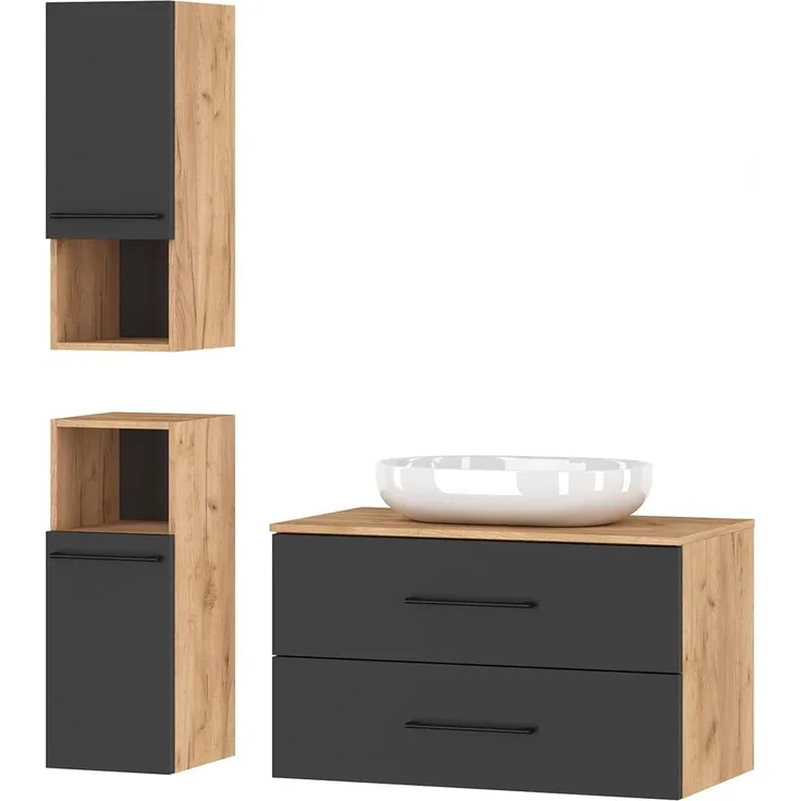 Planetmöbel Badmöbel Komplettset Badmöbel Komplettset 4-teilig 90cm mit Aufsatzwaschbecken und 2X Midischrank, in den Farben Gold Eiche/Anthrazit