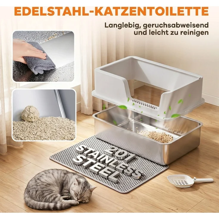 PawHut Katzentoilette, Edelstahl, Hellgrau, 60 x 40 x 30 cm – Bild 4