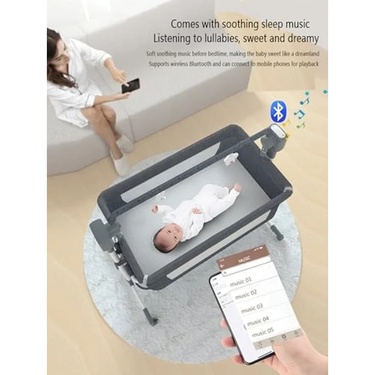 Magic ZC Elektrische Bluetooth Intelligent Beistellbett Baby mit Rollen, Faltbar Co-Sleeping Babybett, Fernbedienung und 5-schwankende Zahnräder, Stubenwagen Kleinkind Wiege mit Musik (601 Mid Grey) – Bild 5