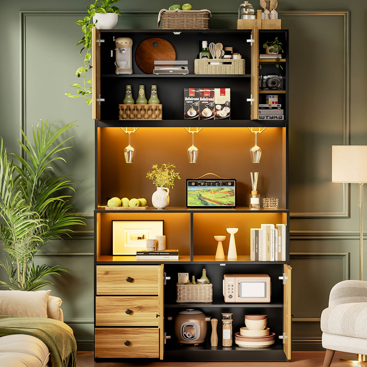 180 cm Küchenschrank, Hochschrank mit LED, Küchenregal mit Steckdose, Weinregal und Vitrine für Küche & Esszimmer--Schwarz + Natur--100x40x180cm--YOUDENOVA – Bild 9