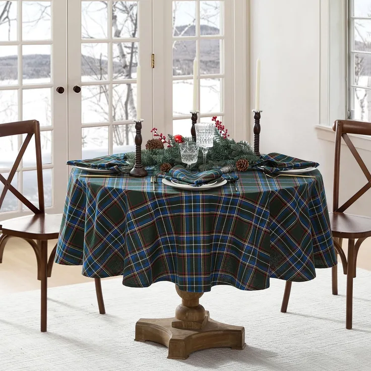 Elrene Home Fashions Stowe Tischdecke mit Schottenkaro, Weihnachts-/Winter-Tischdecke, rund, Baumwolle, 178x177,8 cm, Grün