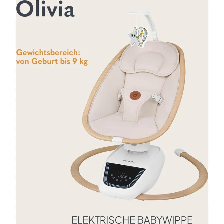 Lionelo OLIVIA Elektrische Babywippe bis zu 9 kg Neigungsverstellung, natürliches Schaukeln, 4 Geschwindigkeiten, ergonomischer Sitz, 13 Melodien, 2 Spielzeuge, Fernbedienung – Bild 2