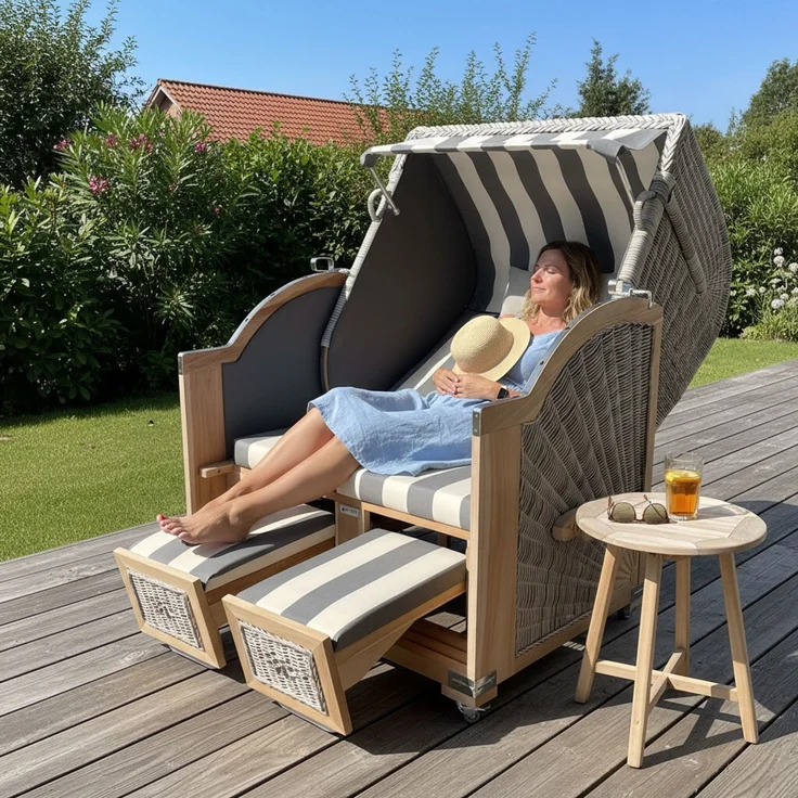 Strandkorb Teak grau/creme Stoff 2 Sitzer Vollliegemodell BASIC Modell – Bild 2