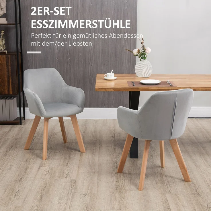 HOMCOM Esszimmerstuhl, Samt(100% Polyester), Gummiholz, Grau, 54L x 57B x 80H cm – Bild 4