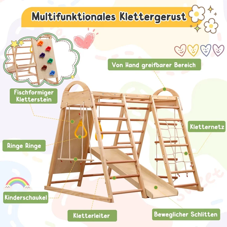 7-in-1-Multifunktions-Klettergerüst ,Massivholz, Sperrholz und Buchenholz. Schaukel, Kletterleiter, Kletterplattenrutsche, Ein Netz zum Klettern, Kletterstein aus Kunststoff. Ringe. Kann als Zelthaus. – Bild 7