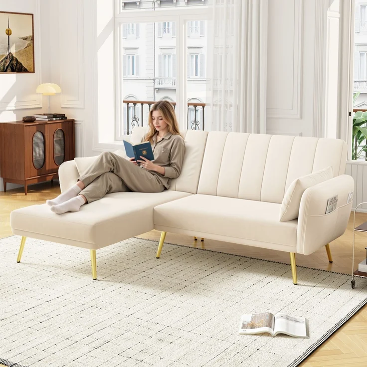 Merax Modernes Klappsofa, L-förmiges Sofa, Schlafsofa mit Zusatzecke, Ecksofa mit Schlaffunktion, Beige – Bild 1