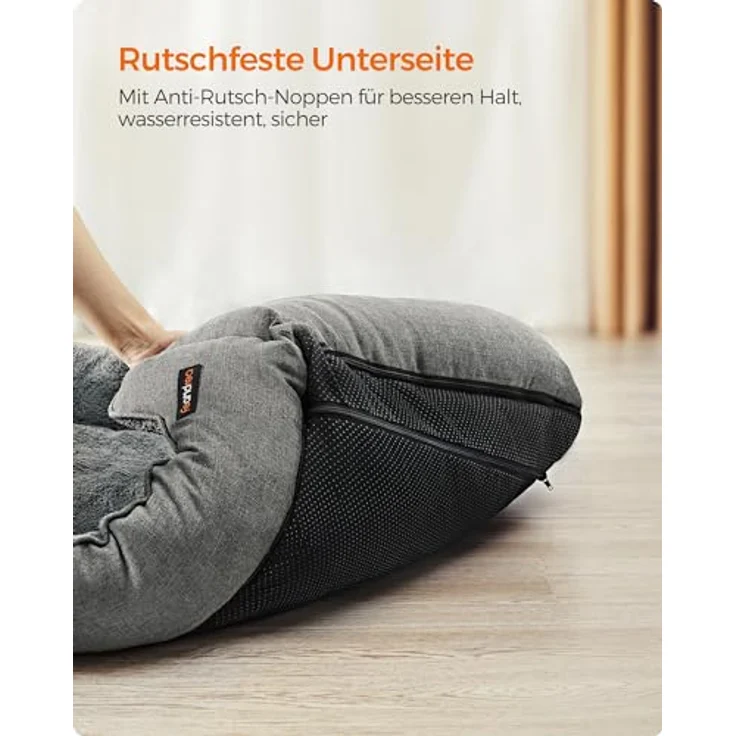 Feandrea Hundebett, Hundekissen in Leinenoptik, Hundekorb, erhöhte Ränder, rutschfeste Unterseite, Bezug abnehmbar waschbar, L, für mittelgroße Hunde, 90 x 75 x 25 cm, hellgrau PGW11GG – Bild 7