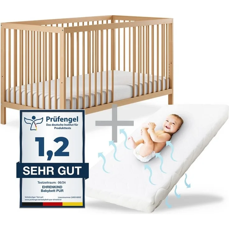 Ehrenkind® Babybett PUR inkl. Matratze 120x60 Buchenholz | Natur | Kinderbett 9-Fach höhenverstellbar mit entnehmbaren Stangen | Baby Bett