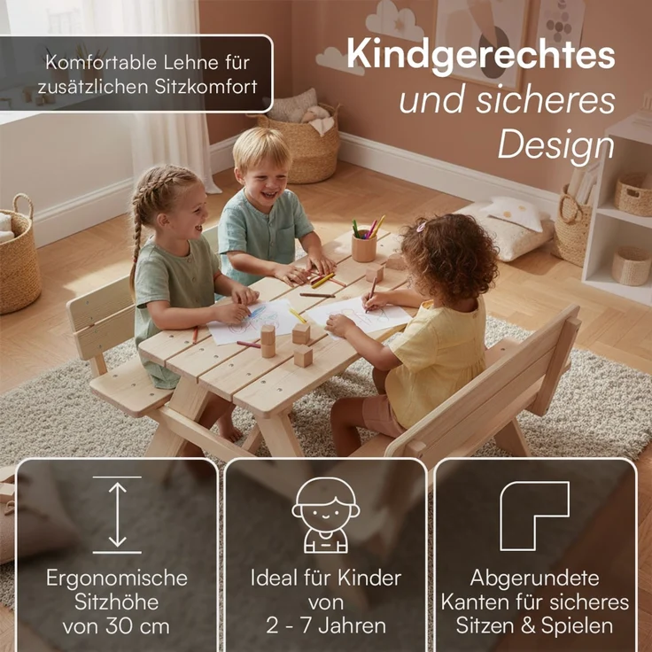 Bellabino 'Inny' Sitzgarnitur für Kinder mit Lehne, Kiefer massiv, natur unbehandelt, 50x102x89 cm, Kindersitzgarnitur für 4 Personen, ab 2 Jahren – Bild 4