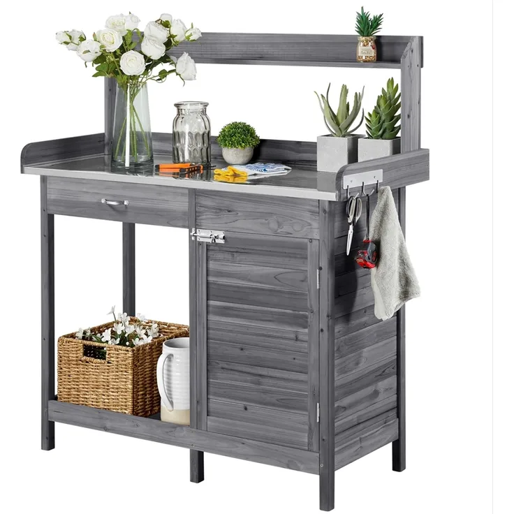 Yaheetech Pflanztisch Garten Pflanztisch mit Schubladen & Unterschrank, Outdoor Gärtnertisch Holzpflanztisch mit verzinkt Arbeitsplatte, Grau