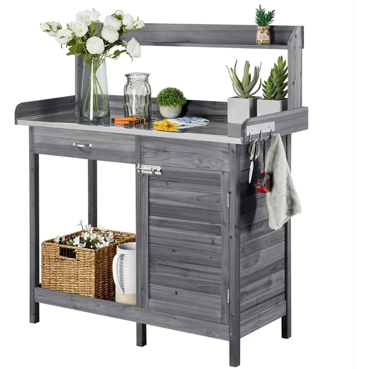 Yaheetech Pflanztisch Garten Pflanztisch mit Schubladen & Unterschrank, Outdoor Gärtnertisch Holzpflanztisch mit verzinkt Arbeitsplatte, Grau – Bild 1