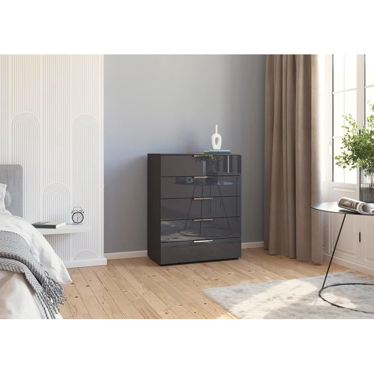Rauch Möbel Flipp, Kommode für Schlafzimmer, Kinderzimmer, Wohnzimmer, Jugendzimmer, Flur, Garderobe, 5 Schubladen, mit Softclose Funktion, Farbe Glas Basalt, Schwarz, Breite 80 cm – Bild 2