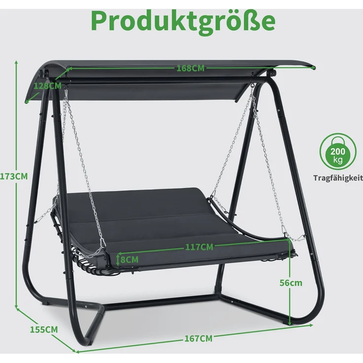 M MCombo Hollywoodschaukel mit Liegefunktion, Schaukelliege Outdoor, Gartenliege Wetterfest, Gartenschaukel mit Sonnendach & Extradickem Sitzkissen, Sonnenliege 167x155x173 cm, 8012 (grau) – Bild 5