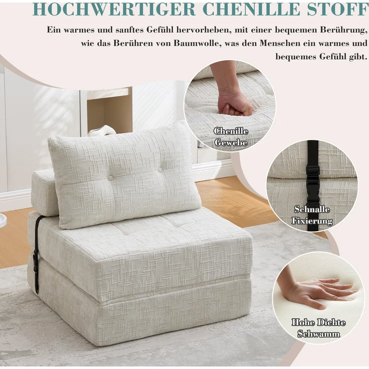 LVHOM Schlafsofa mit Schlaffunktion und Kissen, tragbares Klappsofa mit Rückenlehne, bis 200kg, für Wohnzimmer Büro, Beige – Bild 2