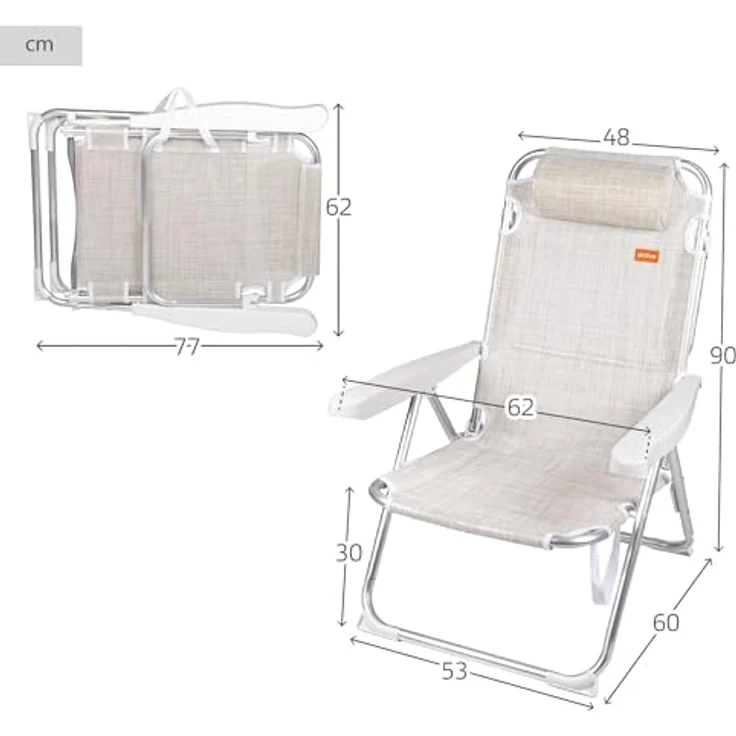 AKTIVE Set mit 2 Strandstühlen und Liegestühlen, 2-in-1, 48 x 60 x 90 cm, 5 Positionen, Gestell aus Aluminium, gepolstertes Kissen, Kippschutz, zusammenklappbar mit Tragegriff (85514) – Bild 3