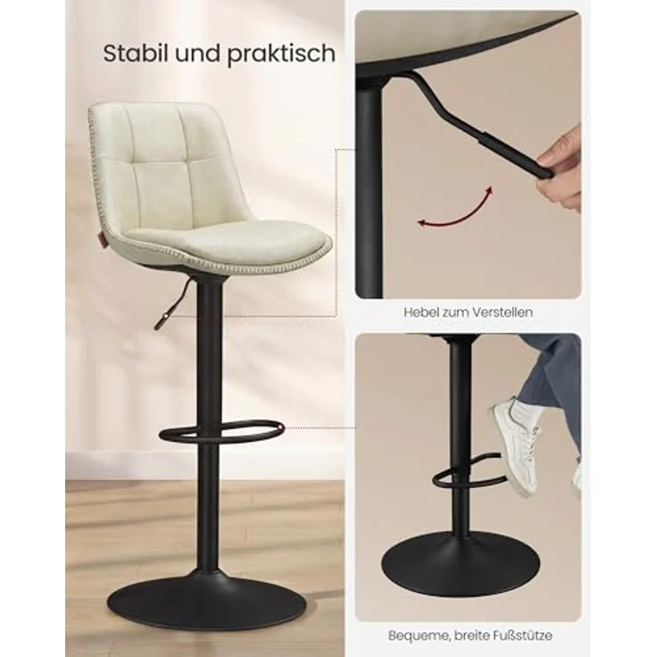 VASAGLE Barhocker 2er Set, Barstühle höhenverstellbar, drehbare Küchenhocker, PU-Bezug, mit Rückenlehne und Fußstütze, Esszimmer, Theke, hellwarmweiß-Mattschwarz LJB095W101 – Bild 8