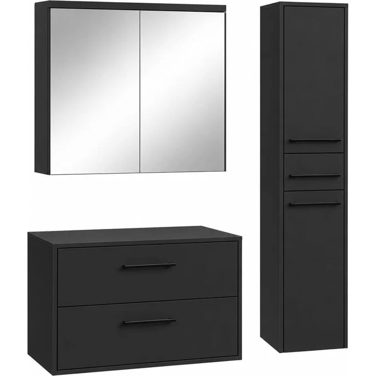 Badplaats Waschtischunterschrank-Set Florence 80 x 46 cm - Mattschwarz - mit Spiegelschrank und Hochschrank – Bild 1