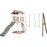 AXI Beach Tower Spielturm aus Holz in Braun & Weiß Spielhaus für Kinder mit grauer Rutsche, Doppelschaukel und Sandkasten | Braun, weiß, grau | Holz | 349 cm