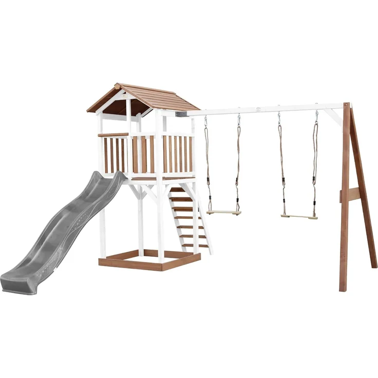 AXI Beach Tower Spielturm aus Holz in Braun & Weiß Spielhaus für Kinder mit grauer Rutsche, Doppelschaukel und Sandkasten | Braun, weiß, grau | Holz | 349 cm