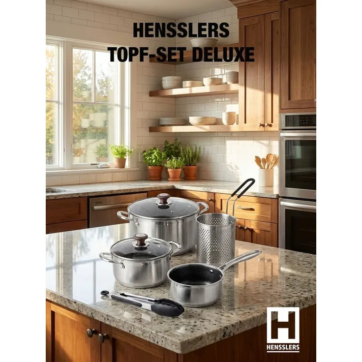 HENSSLERS Kochtopf HENSSLERS Edelstahl-Topf-Set inkl. Grillzange & Pastasieb, Edelstahl (Set, 7-tlg)