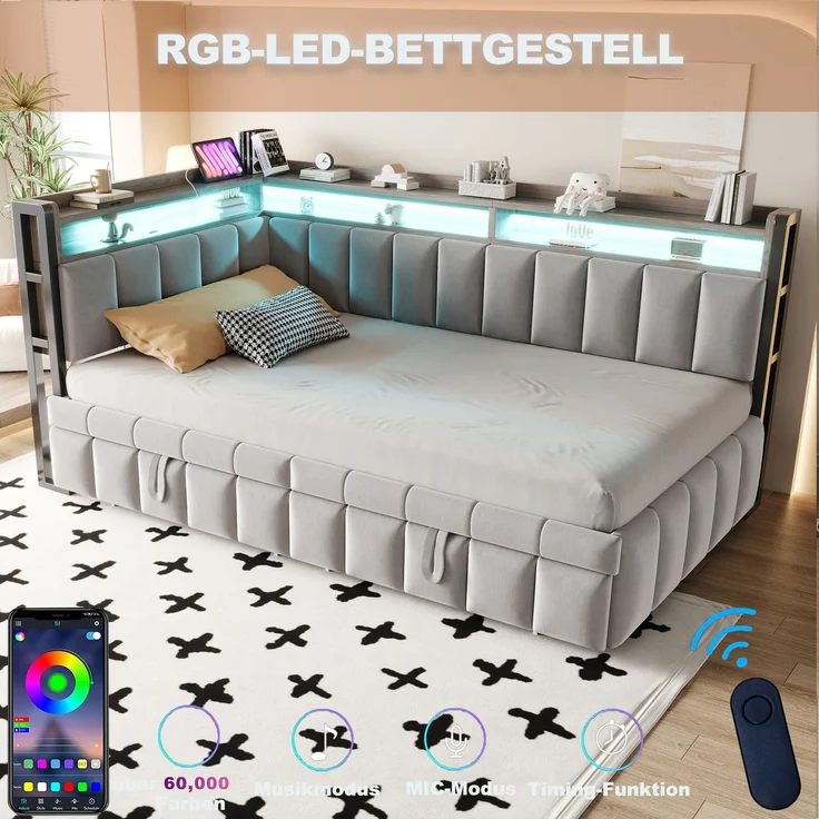 Polsterbett Schlafsofa 90x200 cm mit Ausziehbett, LED-Beleuchtung und Ablagefächern am Kopf- und Fußende, Ausgestattet mit USB- und Typ-C-Anschlüssen. Einzelschlafsofa, Samtstoff Hellgrau – Bild 5