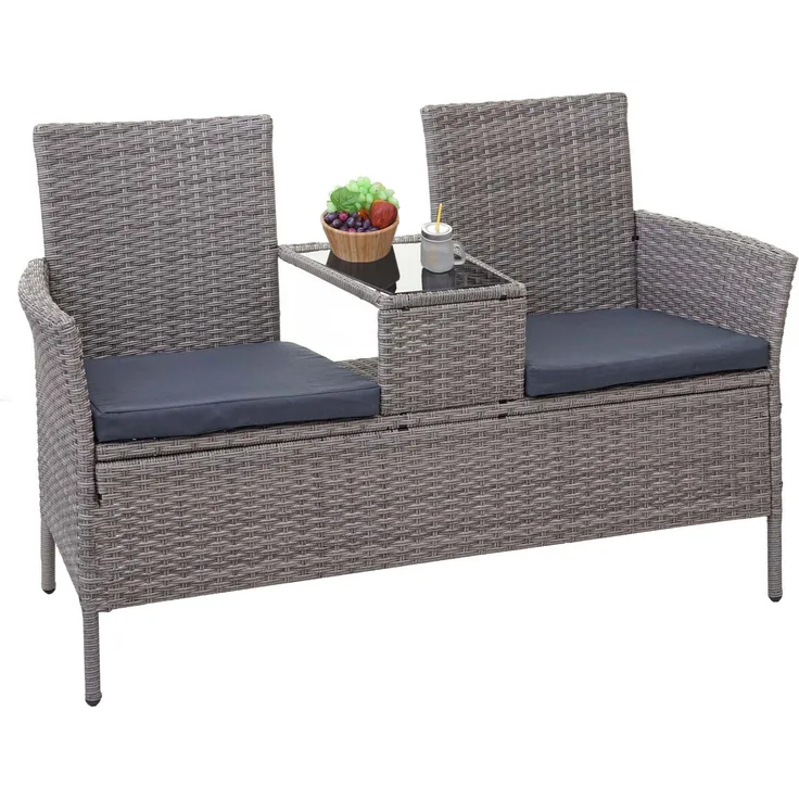 Poly-Rattan Sitzbank mit Tisch HWC-E24, Gartenbank Sitzgruppe Gartensofa, 132cm ~ grau, Kissen dunkelgrau