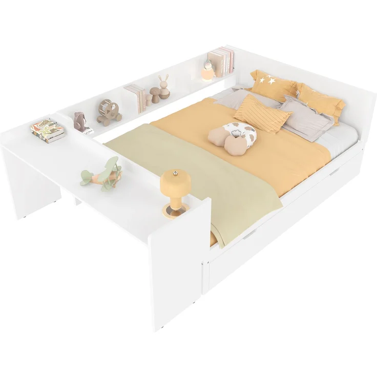 Multifunktionales Holzbett 140×200 cm mit Schreibtisch, ausziehbarem Rollbett & Regalen – platzsparendes Doppelbett – Bild 8