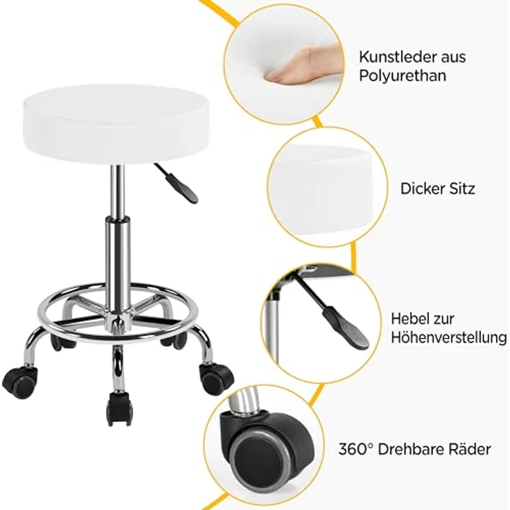 Yaheetech Rollhocker Höhenverstellbar 50,5–65 cm Sitzhöhe Drehhocker 360° Drehbar Bürohocker bis 120 kg Arbeitshocker mit Rollen Hocker Weiß – Bild 5