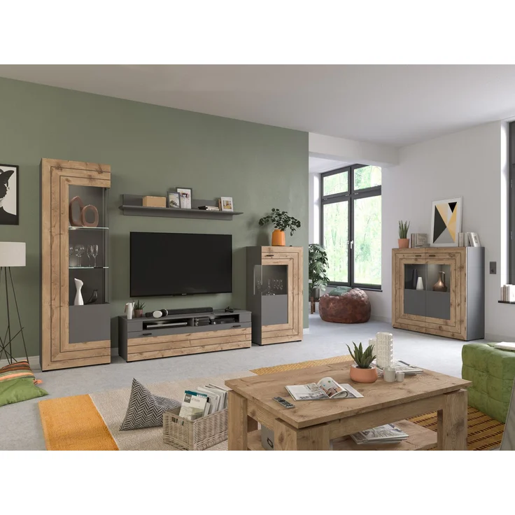 Xonox 'Freno' Wohnwandkombination, 4-teilig, Holzwerkstoff grau / nox eiche, 290 x 40 x 194 cm – Bild 3