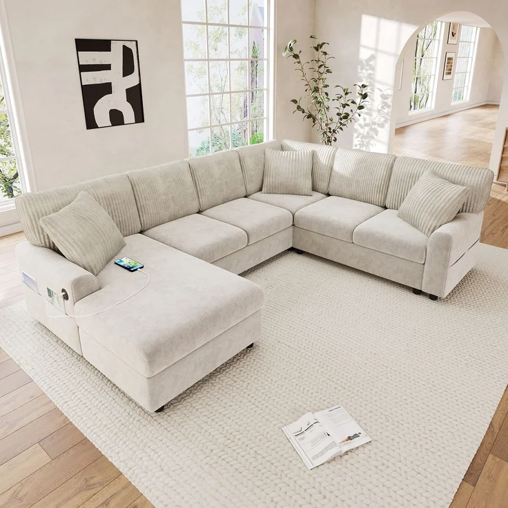 ZUBALIYA Modulare Wohnlandschaft, mit USB-C-Anschluss, H 83 × T 196 × B 249 cm, Beige, Chenille / Cord – Bild 3