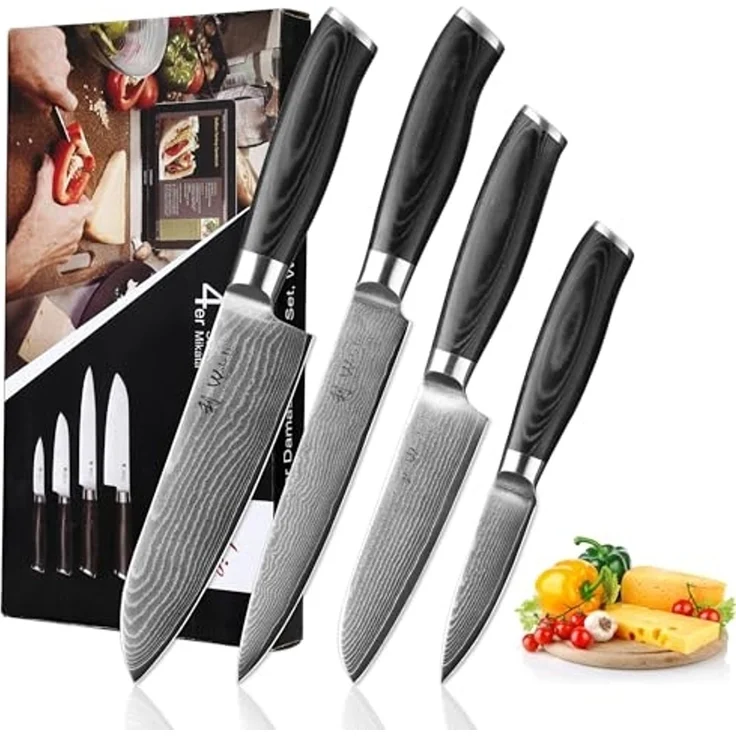 Wakoli Messer-Set Mikata 4er Damast Küchenmesser Set Klingen 8 bis 18 cm (Damastmesser mit Geschenkbox, 4-tlg, 4er Damastmesser Set), VG10 Kern, langanhaltende Schärfe, ergonomischer Griff – Bild 1