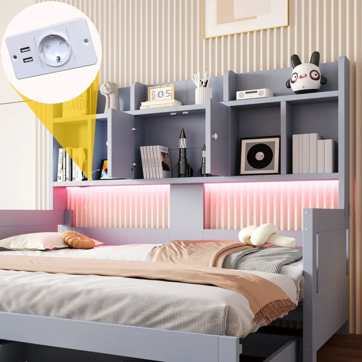 EINHOM Multifunktionales Ausziehbares Schlafsofa aus Holz mit Schubladen, Ablageflächen, Schränken und Offenen Fächern, Ausgestattet mit Steckdosen und LED-Beleuchtung, Gästebett, Grau (Ohne Matratze) – Bild 6