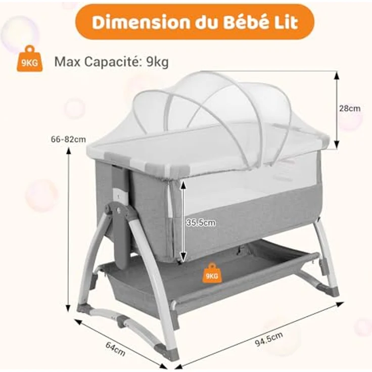 GarveeHome 3 in 1 Baby Beistellbett, Klappbares Beistellbett, Babywiege Mit Matratze Und Moskitonetz, Höhenverstellbar, Mit Reisetasche, Für Babys Von 0 Bis 36 Monaten, Hellgrau – Bild 7