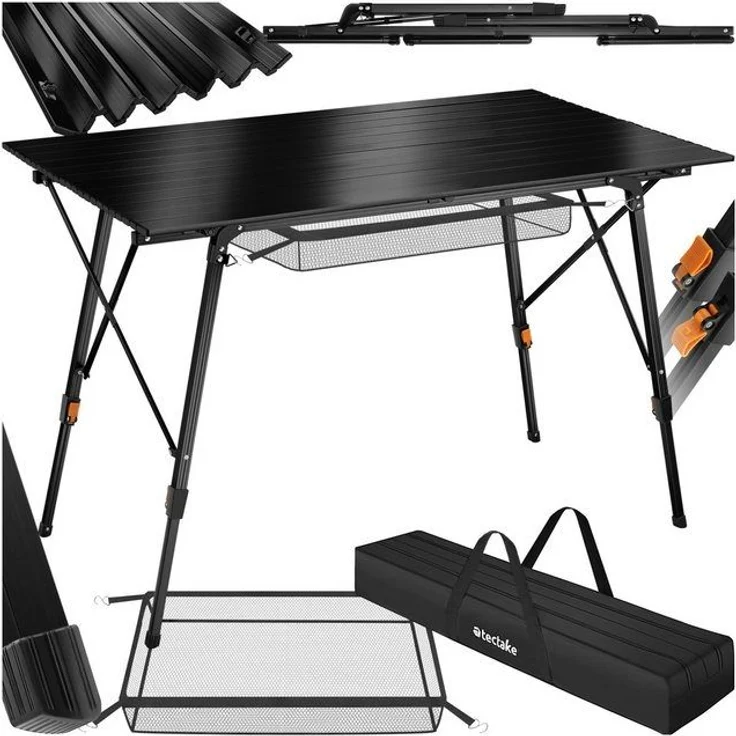 tectake® Campingtisch, Klapptisch aus Aluminium, aufrollbare XXL Tischplatte, Campingtisch faltbar, Reisetisch, Gartentisch, wetterfest, höhenverstellbare Beine, Tragetasche, 120x70,5 cm - schwarz – Bild 4
