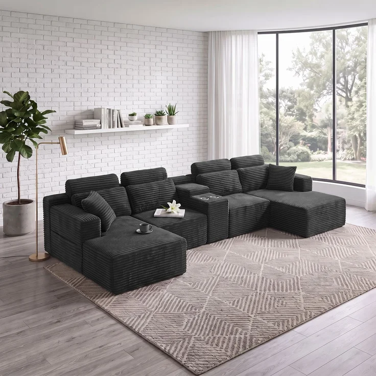 ZUBALIYA Boneless Compression Sofa, U-förmiges modulares Sofa mit integrierten Becherhaltern, Dunkelgrau, 372 x 151 x 80 cm – Bild 4