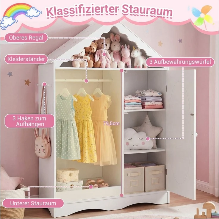 COSTWAY Kleiderständer, Dachförmiger, mit offener Kleiderstange, Regalen & Haken – Bild 2