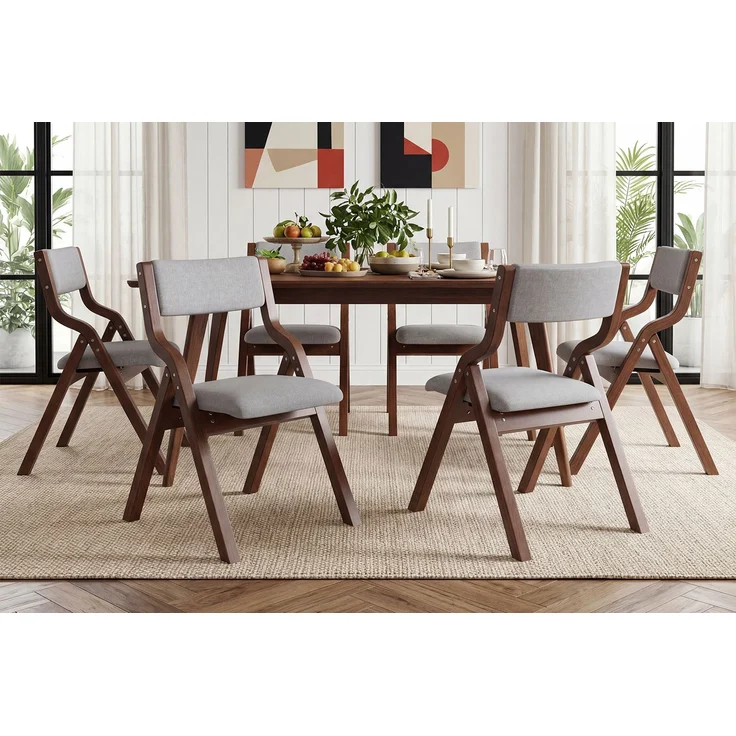 4 klappbare Esszimmerstühle, Esszimmerstühle aus Massivholz, bequem und atmungsaktiv, faltbar und verstaubar, geeignet für Esszimmer, Wohnzimmer, Café, moderner Stil, Leinen, Grau – Bild 17