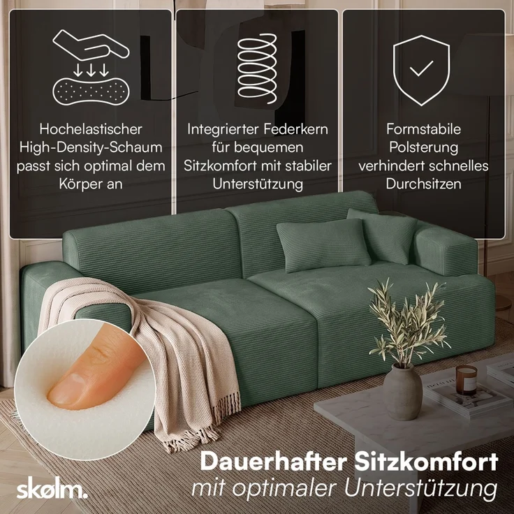skølm 'Freki' Cloud Sofa 2 Sitzer, Vollschaumcouch mit Federkern und Vakuum-Kompression, kein Aufbau erforderlich, mit 2 Kissen, Cord dunkelgrün – Bild 2