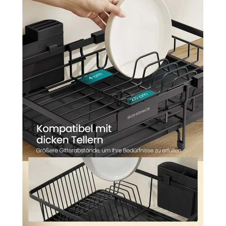 SONGMICS Geschirrständer ausziehbar, Stahl, Abtropfgestell, platzsparend, drehbarer Ablauf, schwarz – Bild 4