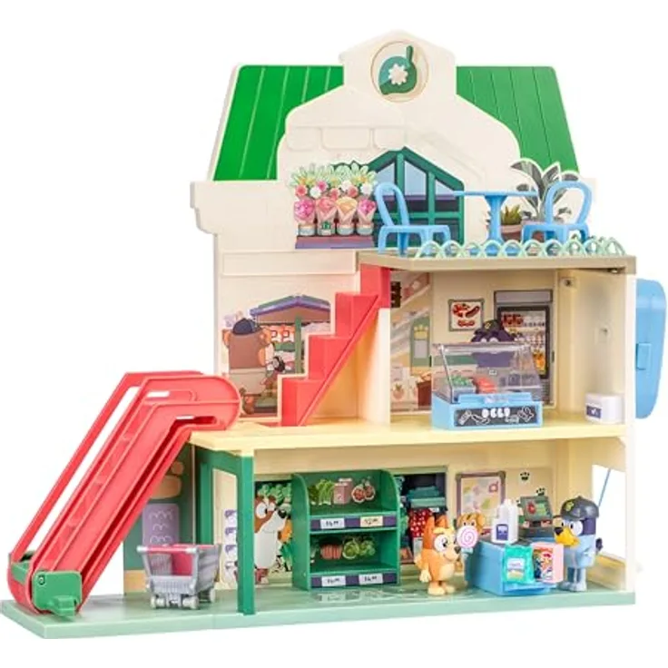 Bluey Supermarkt Spielset, 3-stöckiger Kaufladen mit beweglicher Rolltreppe, 2 Figuren und 13 Zubehörteilen, inklusive Restaurantbereich