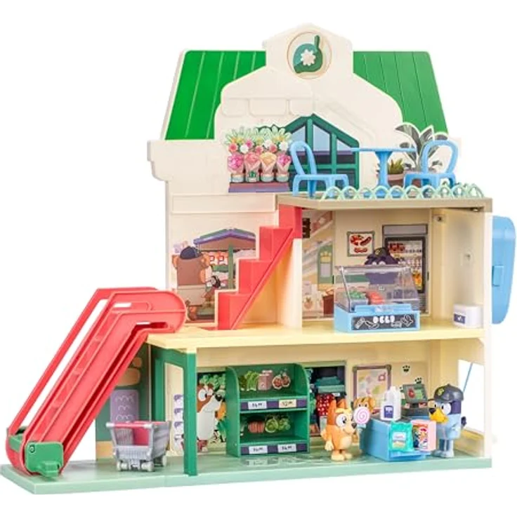 Bluey Supermarkt Spielset, 3-stöckiger Kaufladen mit beweglicher Rolltreppe, 2 Figuren und 13 Zubehörteilen, inklusive Restaurantbereich – Bild 1