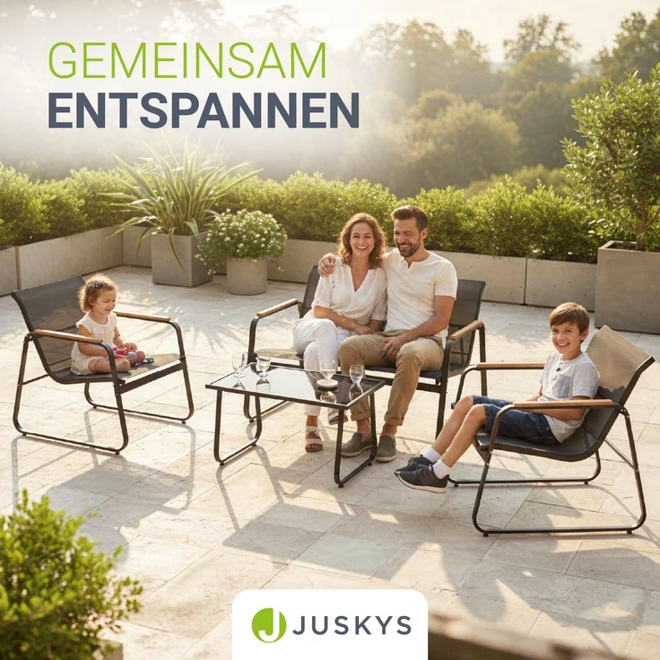 Juskys Gartenmöbelset Genua 4-tlg. – Anthrazit, Outdoor Sitzgruppe mit Armlehnen, Tisch & Bank, wetterfestes Textil, LongLife Stahlgestell – Bild 7