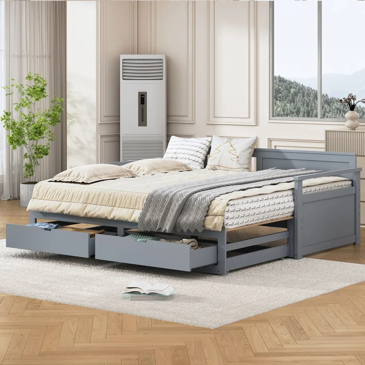 Novelux Multifunktionales Tagesbett 90x190 ausziehbar auf Doppelbett 180x190 mit Schubladen – Massivholz Kiefer Grau, Platzsparendes Gästebett & Kinderbett – Bild 3