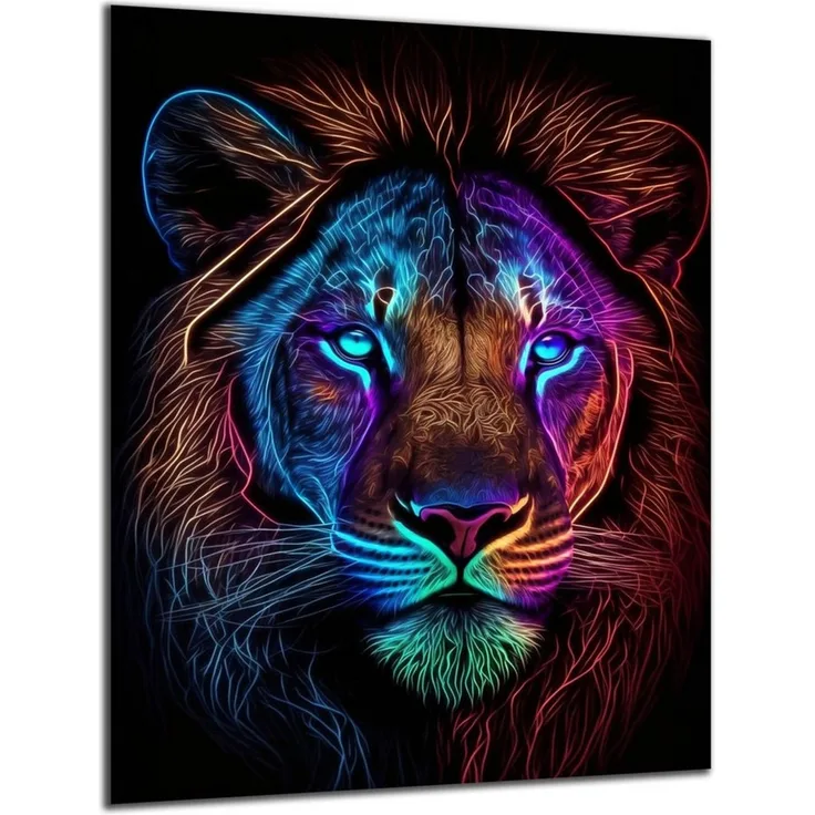 DARO Design Wandbild Neon Tiere Wandbilder Wand Deko Bilder Modern Leinwandbild, (Neon Löwe - Bild klein Wohnzimmer Büro Jugendzimmer Flur Einteilig Querformat Fotodruck Neon-Tierkunst), 30x20 cm