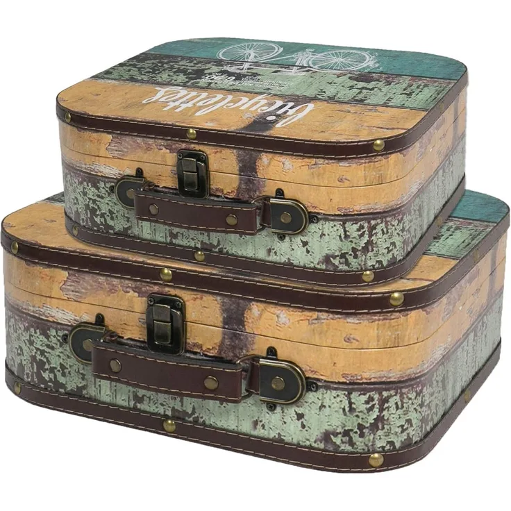 HMF Aufbewahrungsbox Vintage Koffer aus Holz (2 St, 25 + 32 cm), Handgefertigter Geschenkkoffer im Fahrrad Design